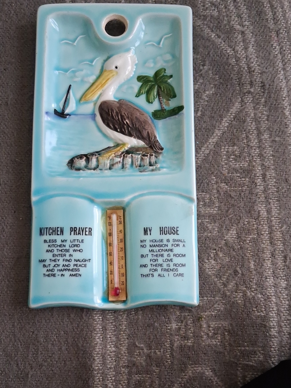 Ceramic Pelican Wall Plaque with Thermometer - Light Blue